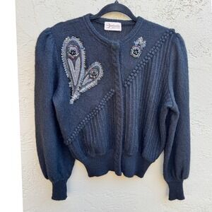 Mariella Vintage Womens Black Beaded Embellished Glam Cardigan Sweater
